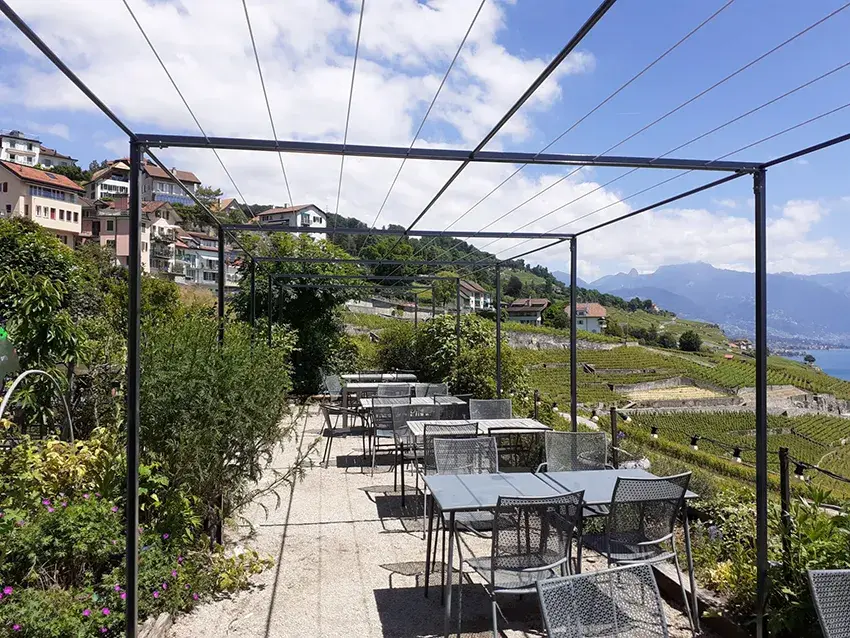 Pergola métallique au-dessus d'une terrasse dans les vignes, vue sur le lac